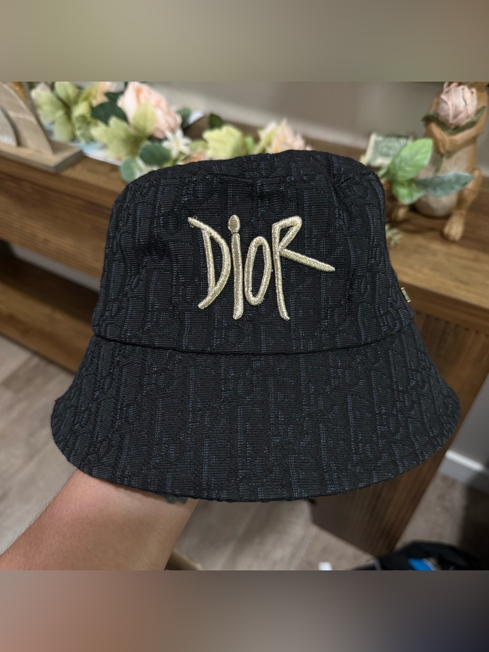 Black/Blue Bucket Hat with Gold Script Logo